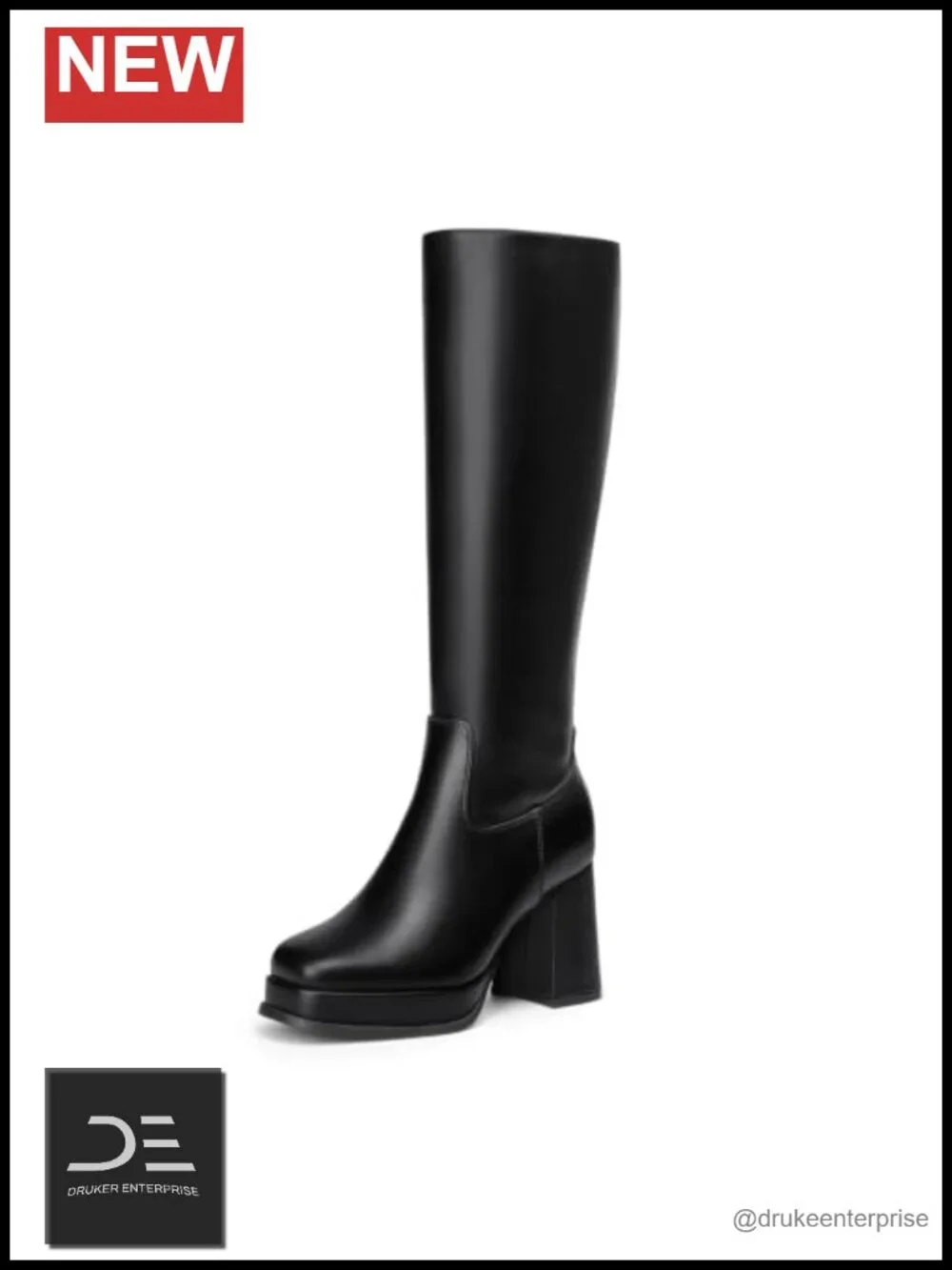 Women's Square Toe Chunky Heel Platform Knee High Boots with Side Zip PU Leather